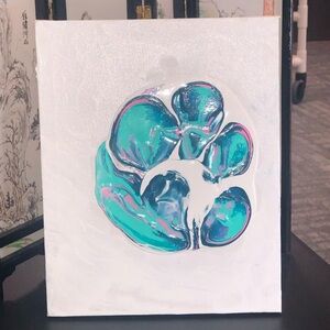 8 x 10 canvas, acrylic, pour paint, multicolor puppy paw